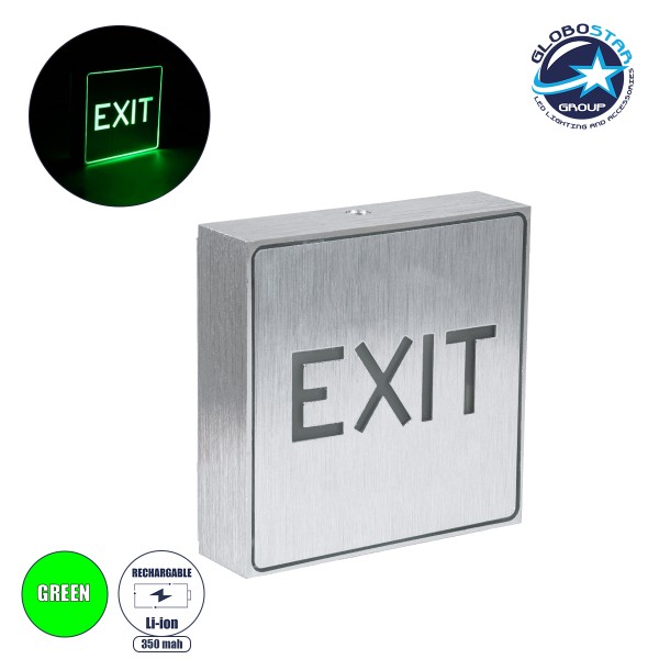 GLOBOSTAR® SENSATI 75651 Διακοσμητικό Φωτιστικό Τοίχου Ένδειξης / Σήμανσης "EXIT" LED 1W 40lm 90° AC 220-240V με Επαναφορτιζόμενη Μπαταρία Li-ion 3.7V 350mAh IP20 Πράσινο - Νίκελ Βούρτσας - Μ11 x Π11 x Υ3cm - 2 Χρόνια Εγγύηση