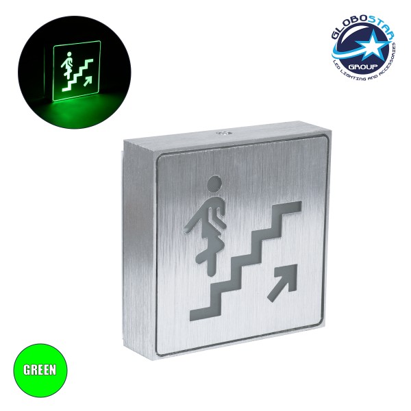 GloboStar® SENSATI 75659 Φωτιστικό Τοίχου Ένδειξης STAIRS UP ARROW LED 1W AC 220-240V IP20 - Σώμα Αλουμινίου - Μ11 x Π11 x Υ3cm - Πράσινο