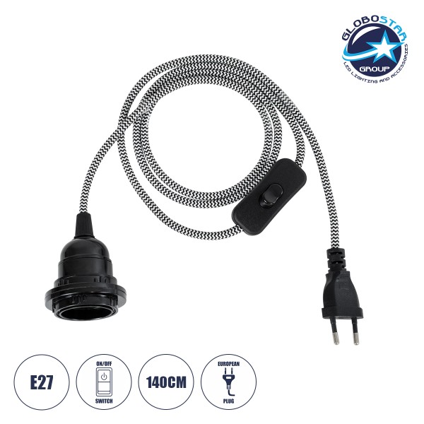 GLOBOSTAR® WHIP 77668 Μοντέρνο DIY Φωτιστικό με Υφασμάτινο Καλώδιο, Ντουί 1 x E27, Διακόπτη On/Off & Πρίζα AC 220-240V IP20 - Λευκό & Μαύρο - Μ140 x Π5.8 x Υ5.8cm