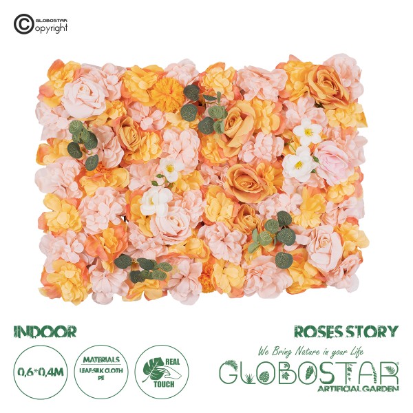 GloboStar® Artificial Garden ROSES STORY ORANGE 78333 Τεχνητό Διακοσμητικό Πάνελ Λουλουδιών - Κάθετος Κήπος σύνθεση Αμβροσία Μ60 x Π40 x Υ6cm