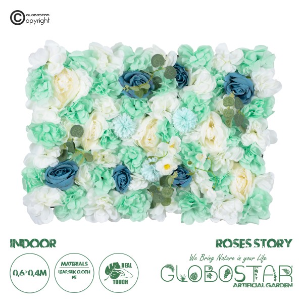 GloboStar® Artificial Garden ROSES STORY BLUE 78334 Τεχνητό Διακοσμητικό Πάνελ Λουλουδιών - Κάθετος Κήπος σύνθεση Αμβροσία Μ60 x Π40 x Υ6cm