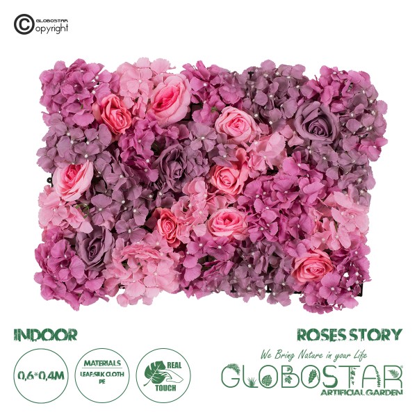 GloboStar® Artificial Garden ROSES STORY PURPLE 78336 Τεχνητό Διακοσμητικό Πάνελ Λουλουδιών - Κάθετος Κήπος σύνθεση Αμβροσία Μ60 x Π40 x Υ6cm
