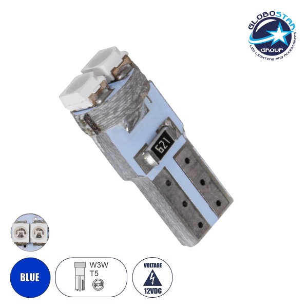 GloboStar® 81026 Λάμπα Αυτοκινήτου LED T5 2xSMD1210 0.6W 72lm 120° DC 12-16V IP20 Φ0.7 x Υ1.7cm Μπλε