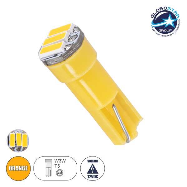 GloboStar® 81041 Λάμπα Αυτοκινήτου LED T5 3xSMD4014 0.9W 120lm 120° DC 12-16V IP20 Φ0.6 x Υ1.8cm Πορτοκαλί