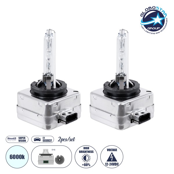 GloboStar®  D1S 84030 Λάμπες Αυτοκινήτου HID Xenon Super Vision High Brightness +60% Can-Bus E1 ECER37 360° DC 12-24V IP20 Μ4.5 x Π5 x Υ8.5cm Ψυχρό Λευκό 6000K - Σετ 2 Τεμαχίων