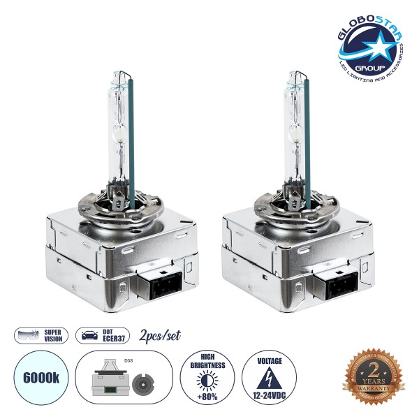 GloboStar® 84044 Λάμπες Αυτοκινήτου HID Xenon D3S Super Vision High Brightness +80% Can-Bus 360° DC 12-24V IP20 Μ4 x Π5 x Υ8cm Ψυχρό Λευκό 6000K - Σετ 2 Τεμαχίων