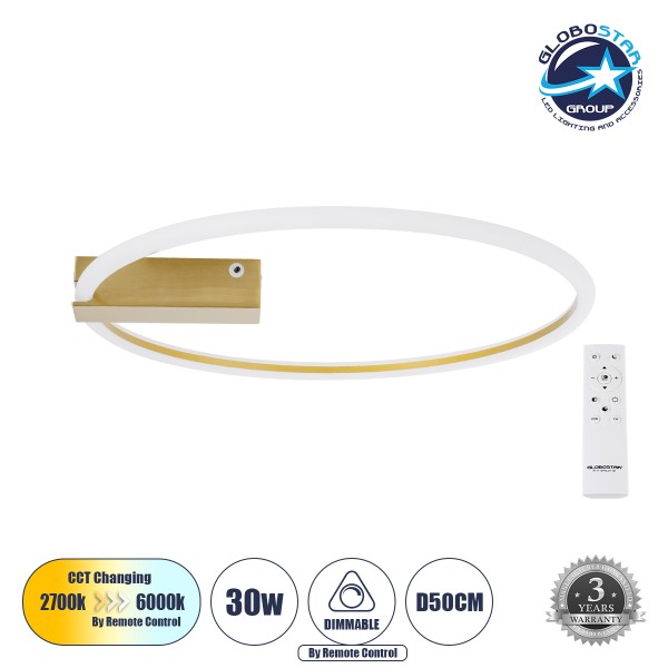 GLOBOSTAR® CINDERELLA 60982 Μοντέρνο Φωτιστικό Οροφής LED 30W 3360lm 360° AC 220-240V IP20 Ρυθμιζόμενο Λευκό CCT με Χειριστήριο από 2700K έως 6000K Dimmable - Lumileds SMD Chip - Χρυσό Βούρτσας - Μ50 x Π50 x Υ5cm - 3 Χρόνια Εγγύηση
