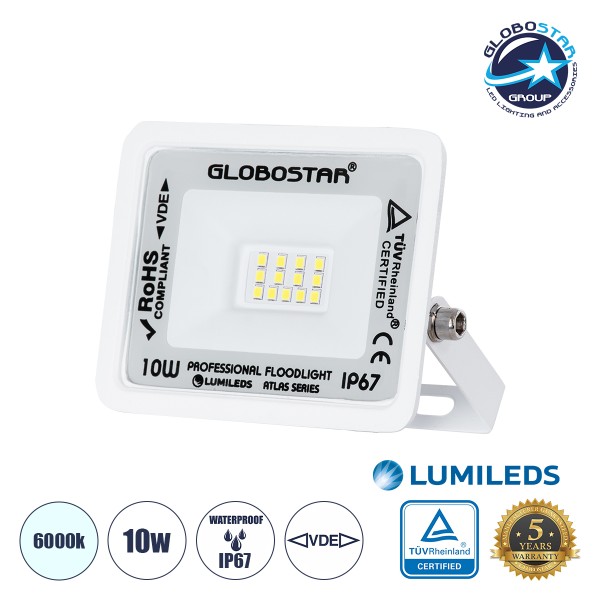 GloboStar® ATLAS 61404 Επαγγελματικός Προβολέας LED 10W 1250lm 120° AC 220-240V - Αδιάβροχος IP67 - Μ10 x Π2 x Υ8cm - Λευκό - Ψυχρό Λευκό 6000K - LUMILEDS Chips - TÜV Rheinland Certified - 5 Years Warranty