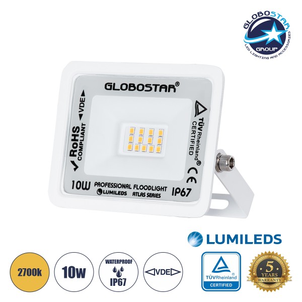GloboStar® ATLAS 61406 Επαγγελματικός Προβολέας LED 10W 1150lm 120° AC 220-240V - Αδιάβροχος IP67 - Μ10 x Π2 x Υ8cm - Λευκό - Θερμό Λευκό 2700K - LUMILEDS Chips - TÜV Rheinland Certified - 5 Years Warranty