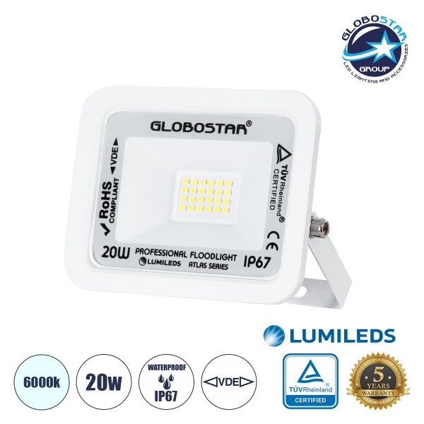 GloboStar® ATLAS 61407 Επαγγελματικός Προβολέας LED 20W 2500lm 120° AC 220-240V - Αδιάβροχος IP67 - Μ12 x Π2.5 x Υ9.5cm - Λευκό - Ψυχρό Λευκό 6000K - LUMILEDS Chips - TÜV Rheinland Certified - 5 Years Warranty