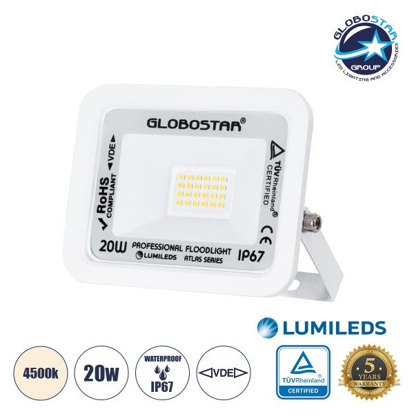 GloboStar® ATLAS 61408 Επαγγελματικός Προβολέας LED 20W 2400lm 120° AC 220-240V - Αδιάβροχος IP67 - Μ12 x Π2.5 x Υ9.5cm - Λευκό - Φυσικό Λευκό 4500K - LUMILEDS Chips - TÜV Rheinland Certified - 5 Years Warranty