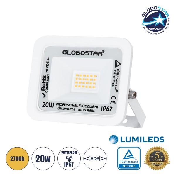 GloboStar® ATLAS 61409 Επαγγελματικός Προβολέας LED 20W 2300lm 120° AC 220-240V - Αδιάβροχος IP67 - Μ12 x Π2.5 x Υ9.5cm - Λευκό - Θερμό Λευκό 2700K - LUMILEDS Chips - TÜV Rheinland Certified - 5 Years Warranty