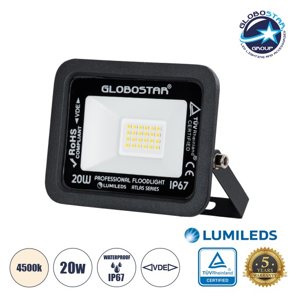 GloboStar® ATLAS 61411 Επαγγελματικός Προβολέας LED 20W 2400lm 120° AC 220-240V - Αδιάβροχος IP67 - Μ12 x Π2.5 x Υ9.5cm - Μαύρο - Φυσικό Λευκό 4500K - LUMILEDS Chips - TÜV Rheinland Certified - 5 Years Warranty