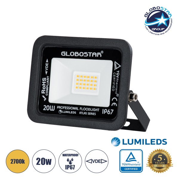 GloboStar® ATLAS 61412 Επαγγελματικός Προβολέας LED 20W 2300lm 120° AC 220-240V - Αδιάβροχος IP67 - Μ12 x Π2.5 x Υ9.5cm - Μαύρο - Θερμό Λευκό 2700K - LUMILEDS Chips - TÜV Rheinland Certified - 5 Years Warranty