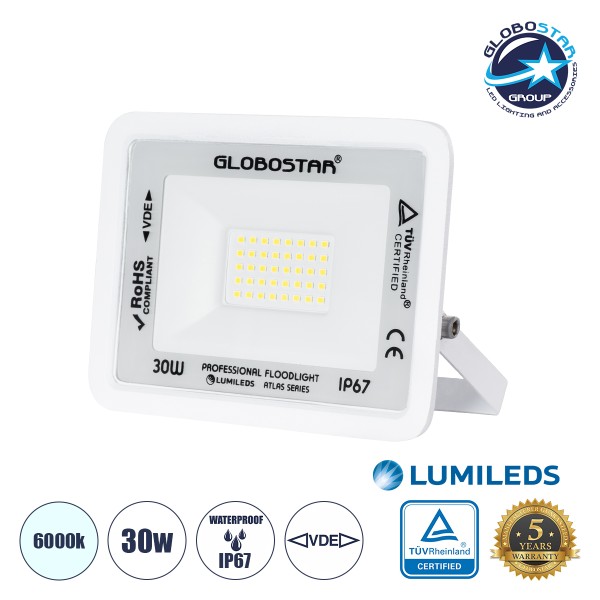 GloboStar® ATLAS 61413 Επαγγελματικός Προβολέας LED 30W 3750lm 120° AC 220-240V - Αδιάβροχος IP67 - Μ16 x Π2.5 x Υ12.5cm - Λευκό - Ψυχρό Λευκό 6000K - LUMILEDS Chips - TÜV Rheinland Certified - 5 Years Warranty