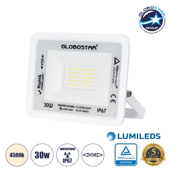 GloboStar® ATLAS 61414 Επαγγελματικός Προβολέας LED 30W 3600lm 120° AC 220-240V - Αδιάβροχος IP67 - Μ16 x Π2.5 x Υ12.5cm - Λευκό - Φυσικό Λευκό 4500K - LUMILEDS Chips - TÜV Rheinland Certified - 5 Years Warranty