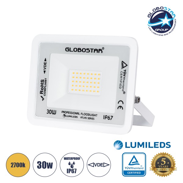 GloboStar® ATLAS 61415 Επαγγελματικός Προβολέας LED 30W 3450lm 120° AC 220-240V - Αδιάβροχος IP67 - Μ16 x Π2.5 x Υ12.5cm - Λευκό - Θερμό Λευκό 2700K - LUMILEDS Chips - TÜV Rheinland Certified - 5 Years Warranty