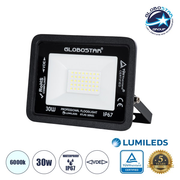 GloboStar® ATLAS 61416 Επαγγελματικός Προβολέας LED 30W 3750lm 120° AC 220-240V - Αδιάβροχος IP67 - Μ16 x Π2.5 x Υ12.5cm - Μαύρο - Ψυχρό Λευκό 6000K - LUMILEDS Chips - TÜV Rheinland Certified - 5 Years Warranty