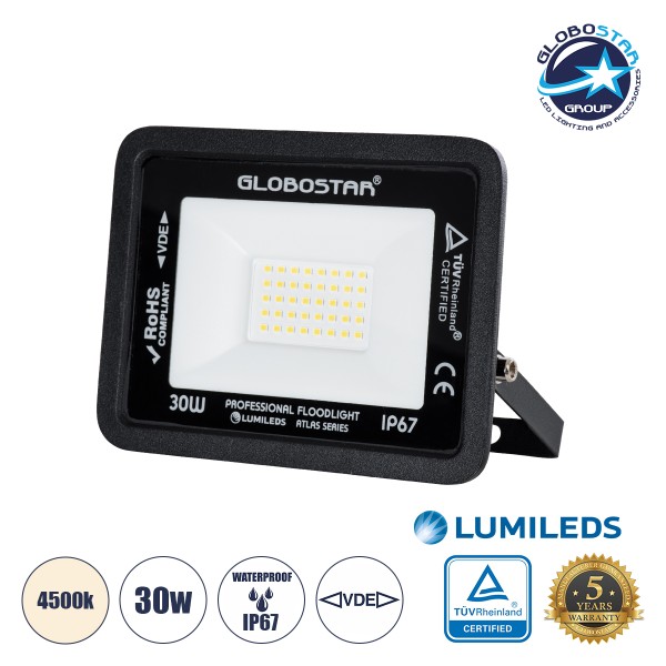 GloboStar® ATLAS 61417 Επαγγελματικός Προβολέας LED 30W 3600lm 120° AC 220-240V - Αδιάβροχος IP67 - Μ16 x Π2.5 x Υ12.5cm - Μαύρο - Φυσικό Λευκό 4500K - LUMILEDS Chips - TÜV Rheinland Certified - 5 Years Warranty
