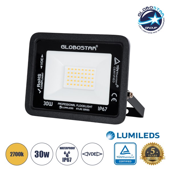 GloboStar® ATLAS 61418 Επαγγελματικός Προβολέας LED 30W 3450lm 120° AC 220-240V - Αδιάβροχος IP67 - Μ16 x Π2.5 x Υ12.5cm - Μαύρο - Θερμό Λευκό 2700K - LUMILEDS Chips - TÜV Rheinland Certified - 5 Years Warranty
