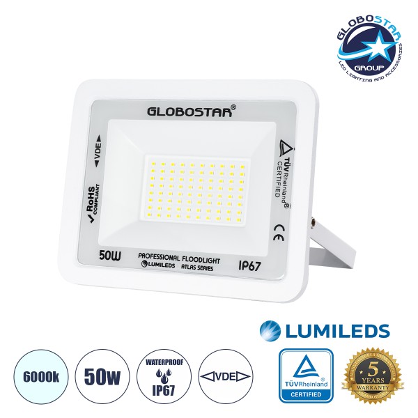 GloboStar® ATLAS 61419 Επαγγελματικός Προβολέας LED 50W 6250lm 120° AC 220-240V - Αδιάβροχος IP67 - Μ21 x Π3.5 x Υ16cm - Λευκό - Ψυχρό Λευκό 6000K - LUMILEDS Chips - TÜV Rheinland Certified - 5 Years Warranty