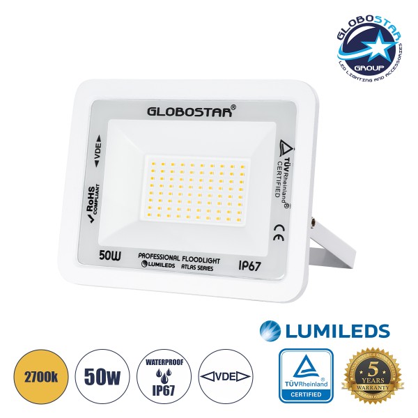 GloboStar® ATLAS 61421 Επαγγελματικός Προβολέας LED 50W 5750lm 120° AC 220-240V - Αδιάβροχος IP67 - Μ21 x Π3.5 x Υ16cm - Λευκό - Θερμό Λευκό 2700K - LUMILEDS Chips - TÜV Rheinland Certified - 5 Years Warranty