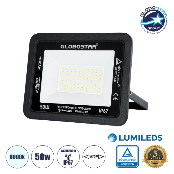 GloboStar® ATLAS 61422 Επαγγελματικός Προβολέας LED 50W 6250lm 120° AC 220-240V - Αδιάβροχος IP67 - Μ21 x Π3.5 x Υ16cm - Μαύρο - Ψυχρό Λευκό 6000K - LUMILEDS Chips - TÜV Rheinland Certified - 5 Years Warranty