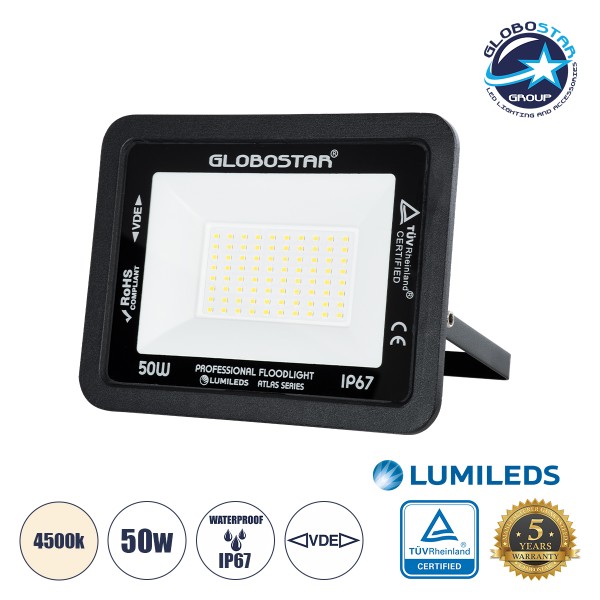 GloboStar® ATLAS 61423 Επαγγελματικός Προβολέας LED 50W 6000lm 120° AC 220-240V - Αδιάβροχος IP67 - Μ21 x Π3.5 x Υ16cm - Μαύρο - Φυσικό Λευκό 4500K - LUMILEDS Chips - TÜV Rheinland Certified - 5 Years Warranty