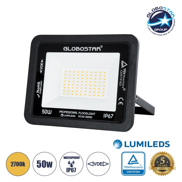 GloboStar® ATLAS 61424 Επαγγελματικός Προβολέας LED 50W 5750lm 120° AC 220-240V - Αδιάβροχος IP67 - Μ21 x Π3.5 x Υ16cm - Μαύρο - Θερμό Λευκό 2700K - LUMILEDS Chips - TÜV Rheinland Certified - 5 Years Warranty
