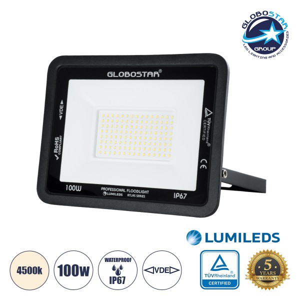 GloboStar® ATLAS 61426 Επαγγελματικός Προβολέας LED 100W 12000lm 120° AC 220-240V - Αδιάβροχος IP67 - Μ27 x Π4 x Υ21cm - Μαύρο - Φυσικό Λευκό 4500K - LUMILEDS Chips - TÜV Rheinland Certified - 5 Years Warranty