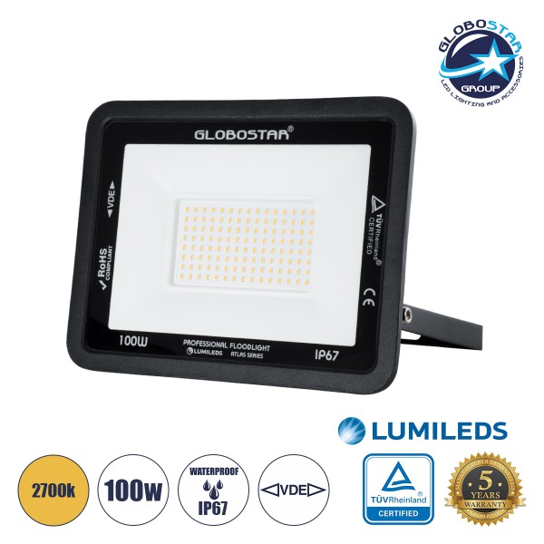 GloboStar® ATLAS 61427 Επαγγελματικός Προβολέας LED 100W 11500lm 120° AC 220-240V - Αδιάβροχος IP67 - Μ27 x Π4 x Υ21cm - Μαύρο - Θερμό Λευκό 2700K - LUMILEDS Chips - TÜV Rheinland Certified - 5 Years Warranty