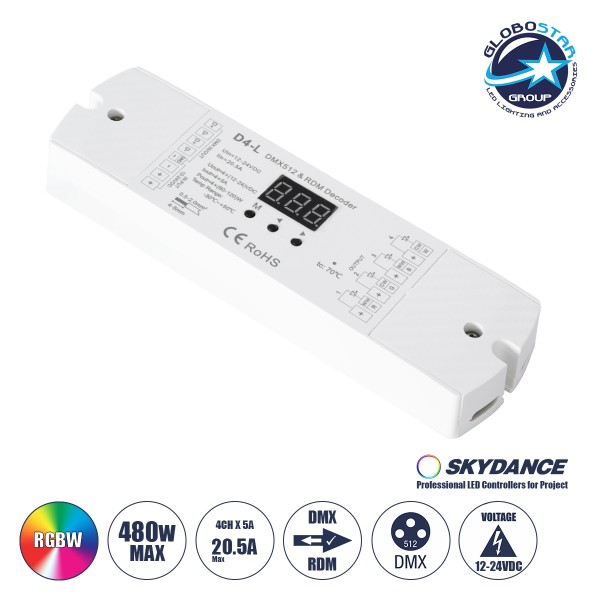 GloboStar® 70668 D4-L SKYDANCE DC DMX & RDM Dimmer High Speed Controller / Decoder 4 Καναλιών DC 12-24V 4 x 5A 120W - Max 20.5A 480W - IP20 Μ17 x Π5 x Υ2.5cm - 5 Years Warranty