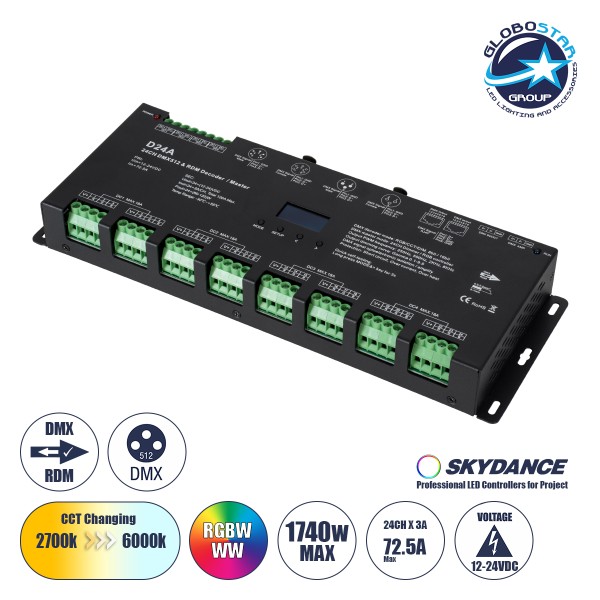 GloboStar® 70673 D24A SKYDANCE DC DMX & RDM Dimmer High Speed Controller / Decoder / Master 24 Καναλιών DC 12-24V 24 x 3A 72W - Max 72.5A 1740W - IP20 DMX512 Μ16.7 x Π5 x Υ2.4cm - 5 Years Warranty