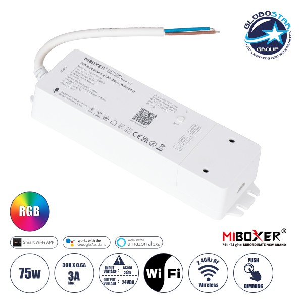 GloboStar® 71439 WL3-P75V24 Mi-BOXER DC Smart Wifi & RF 2.4Ghz & Push Dimming Power Supply Τροφοδοτικό SELV & Controller / Dimmer All in One 3 Καναλιών AC100-240V σε DC 24V 3 x 0.6A 14.4W - Max 3A 75W - IP20 RGB Μ19 x Π5.5 x Υ3.2cm - 5 Years Warranty