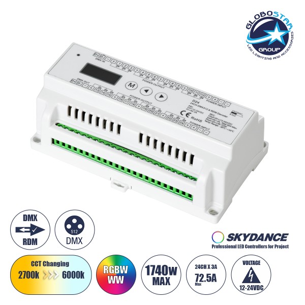 GloboStar® 71450 D24 SKYDANCE DC DMX & RDM Dimmer Din Rail Ράγας High Speed Controller / Decoder 24 Καναλιών DC 12-24V 24 x 3A 72W - Max 72.5A 1740W - IP20 Μ16 x Π9 x Υ6cm - 5 Years Warranty