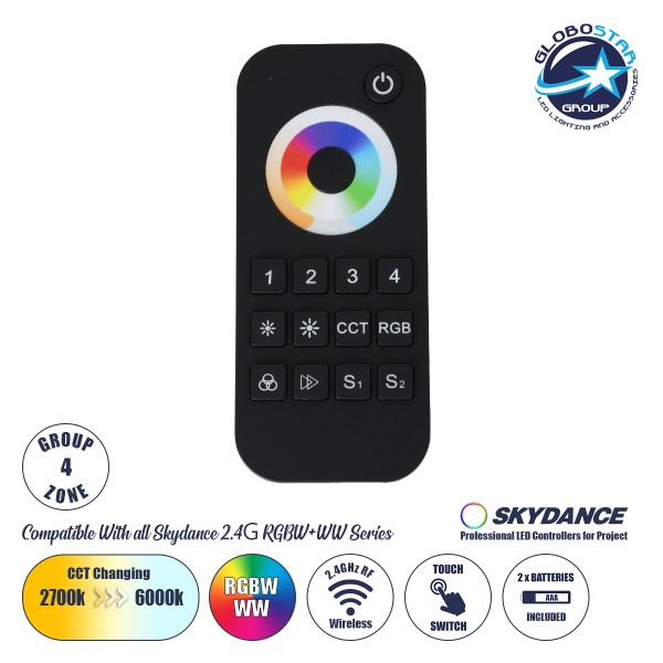 GloboStar® 71544 RT10 SKYDANCE Ασύρματο Χειριστήριο Αφής RF 2.4Ghz 4 Group για όλα τα RGBW+WW SKYDANCE Controller DC 3V 2 x AAA - IP20 Μαύρο Μ12.2 x Π5.3 x Υ1.7cm - 5 Years Warranty
