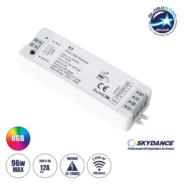 GloboStar® 71546 V3 SKYDANCE DC RF 2.4Ghz Dimmer High Speed Controller 3 Καναλιών DC 12-24V 3 x 5A 96W - Max 12A 288W - IP20 Μ10 x Π3.5 x Υ2cm - 5 Years Warranty