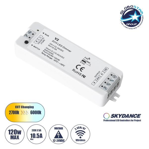 GloboStar® 71564 V2 SKYDANCE DC RF 2.4Ghz Dimmer High Speed Controller 2 Καναλιών DC 12-24V 2 x 5A 120W - Max 10.5A 252W - IP20 Μ10 x Π3.5 x Υ2cm - 5 Years Warranty