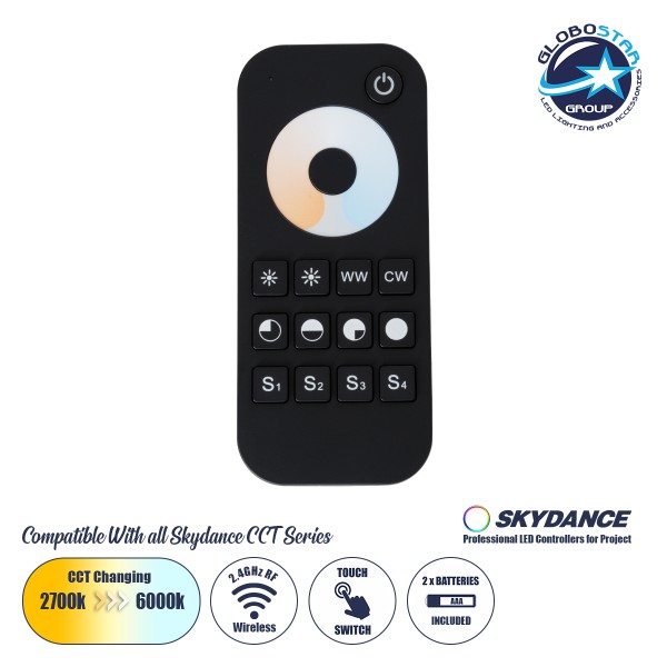 GloboStar® 71566 RT2 SKYDANCE Ασύρματο Χειριστήριο Αφής RF 2.4Ghz 1 Group για όλα τα CCT SKYDANCE Controller DC 3V 2 x AAA - IP20 Μαύρο Μ12.2 x Π5.3 x Υ1.7cm - 5 Years Warranty