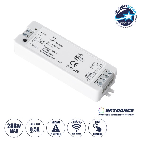 GloboStar® 71567 V1 SKYDANCE DC RF 2.4Ghz Dimmer High Speed Controller & Push Dimming 1 Κανάλι DC 5-36V 1 x 8A 288W - Max 8.5A 288W - IP20 Μ10 x Π3.5 x Υ2cm - 5 Years Warranty