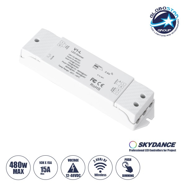 GloboStar® 71568 V1-L SKYDANCE DC RF 2.4Ghz Dimmer High Speed Controller & Push Dimming 1 Κανάλι DC 12-48V 1 x 15A 480W - Max 15A 480W - IP20 Μ17.5 x Π4.5 x Υ2.5cm - 5 Years Warranty