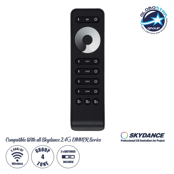 GloboStar® 71573 RS6 SKYDANCE Ασύρματο Χειριστήριο Αφής RF 2.4Ghz 4 Καναλιών για όλα τα Μονόχρωμα 4 Καναλιών SKYDANCE Controller DC 3V 2 x AAA - IP20 Μαύρο Μ15.5 x Π4.5 x Υ1.9cm - 5 Years Warranty