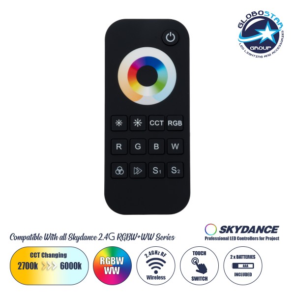 GloboStar® 73009 RT5 SKYDANCE Ασύρματο Χειριστήριο Αφής RF 2.4Ghz 1 Group για όλα τα RGBW+WW SKYDANCE Controller  DC 3V 2 x AAA - IP20 Μαύρο Μ5.3 x Π1.75 x Υ12.2cm - 5 Years Warranty