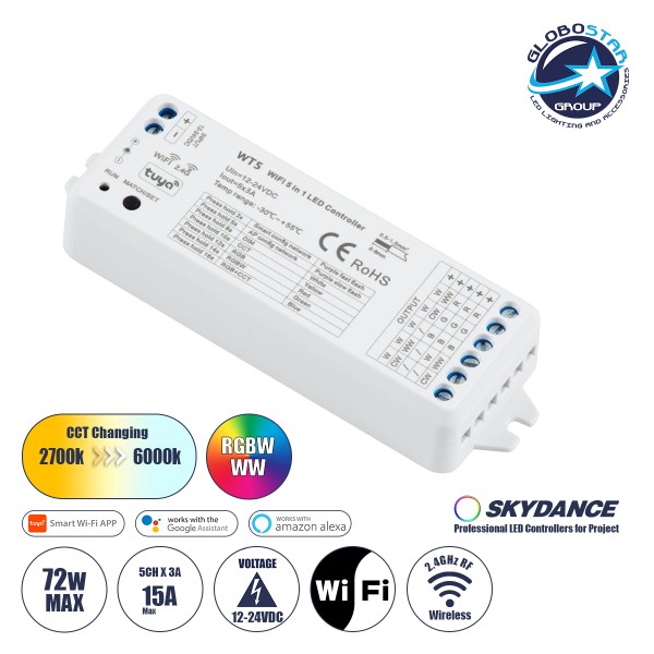 GloboStar® 73010 WT5 SKYDANCE DC WiFi & RF 2.4Ghz Dimmer High Speed Controller 5 Καναλιών DC 12-24V 5 x 3A 72W - Max 15A 360W - IP20 Μ10 x Π4 x Υ2cm - 5 Years Warranty