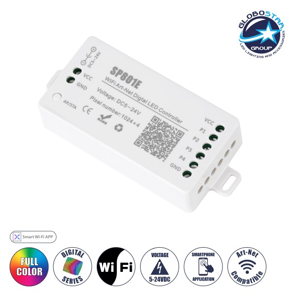 GloboStar® 73415 SP801E Ασύρματος WiFi Art-Net LED FULL COLOR Magic Digital Pixel Controller iOS/Android για LED Digital Πολύχρωμα και Μονόχρωμα Προϊόντα DC 5-24V 4 x 1024 IC Max