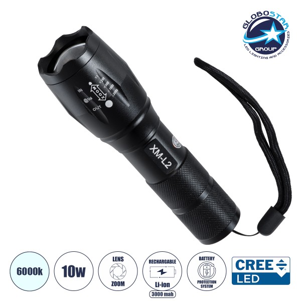 GloboStar® 79041 Φορητός Φακός Χειρός XM-L2 LED CREE 10W με Επαναφορτιζόμενη Μπαταρία 3000mAh & Φορτιστή Πρίζας - Zoom x1 έως x2000 - Ψυχρό Λευκό 6000K - Φ4 x Υ13.5cm