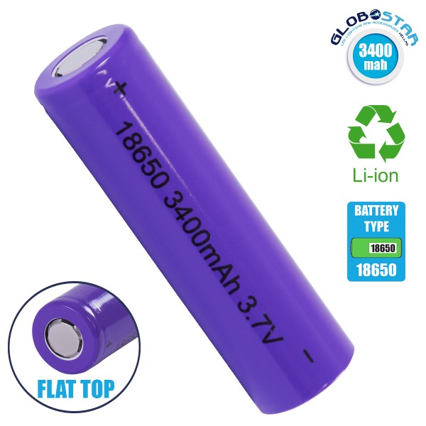 GloboStar® 79097 Επαναφορτιζόμενη Μπαταρία Λιθίου 18650 FLAT PIN 3400mAh Li-ion 3.7V 12.6Wh 