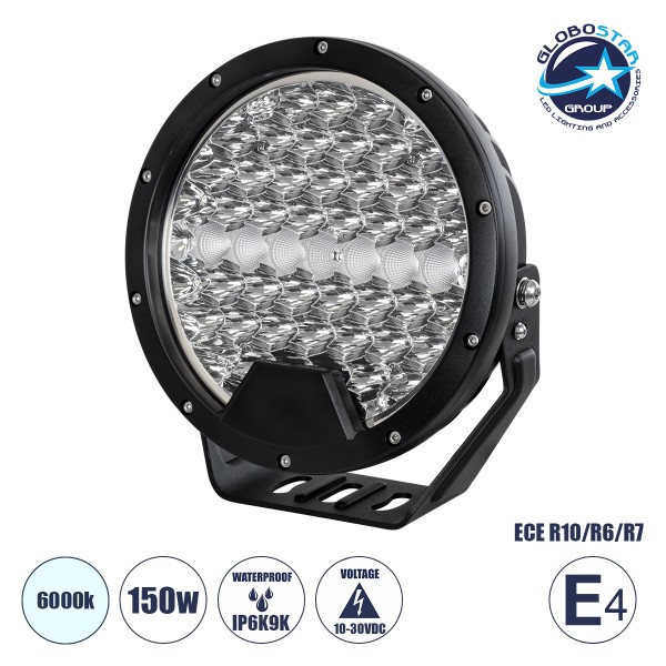 GloboStar® 85337 E4 Mark Vehicle & JEEP Work Lights - Φώτα Εργασίας για Οχήματα και JEEP LED High Power 150W DC 10-30V Αδιάβροχo IP6K9K Ψυχρό Λευκό 6000K M22 x Π7 x Υ23.5cm