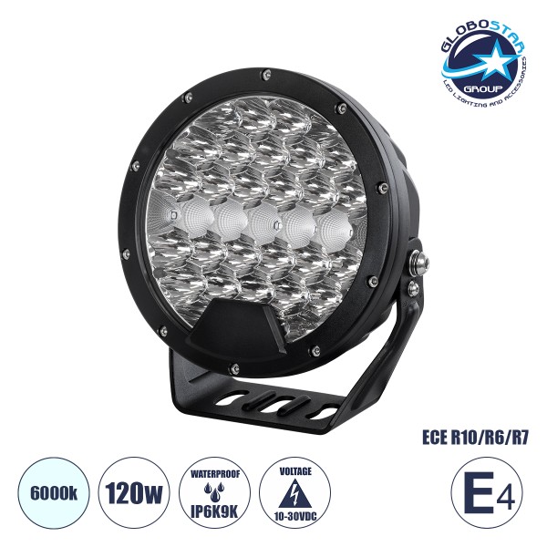 GloboStar® 85338 E4 Mark Vehicle & JEEP Work Lights - Φώτα Εργασίας για Οχήματα και JEEP LED High Power 120W DC 10-30V Αδιάβροχo IP6K9K Ψυχρό Λευκό 6000K M18 x Π7 x Υ19cm