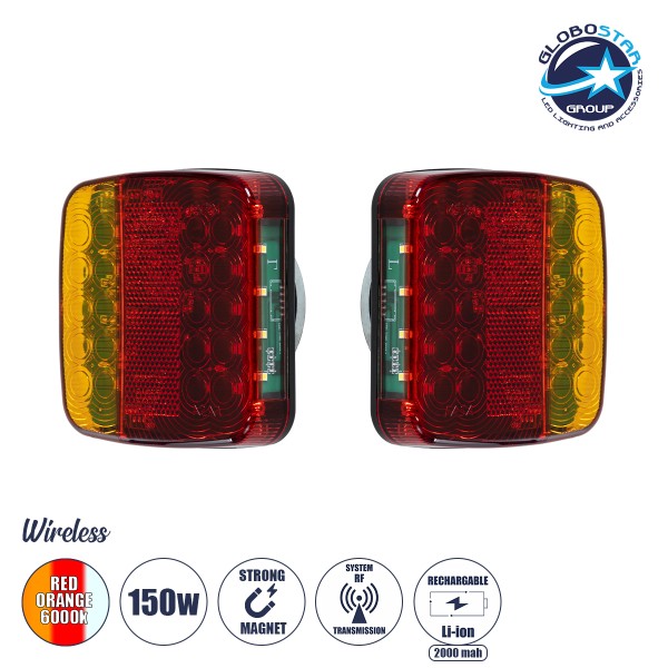 GloboStar® 85339 Ζευγάρι Ασύρματα Επαναφορτιζόμενα Φανάρια για Τρέιλερ LED 150W με Μαγνήτη & Επαναφορτιζόμενη Μπαταρία 2000mAh - Ασύρματος Πομπός & Δέκτης RF 2.4Ghz - Κόκκινο - Πορτοκαλί - Λευκό - Αδιάβροχα IP65 - Μ11 x Π11 x Υ5cm - 1 Χρόνο Εγγύηση